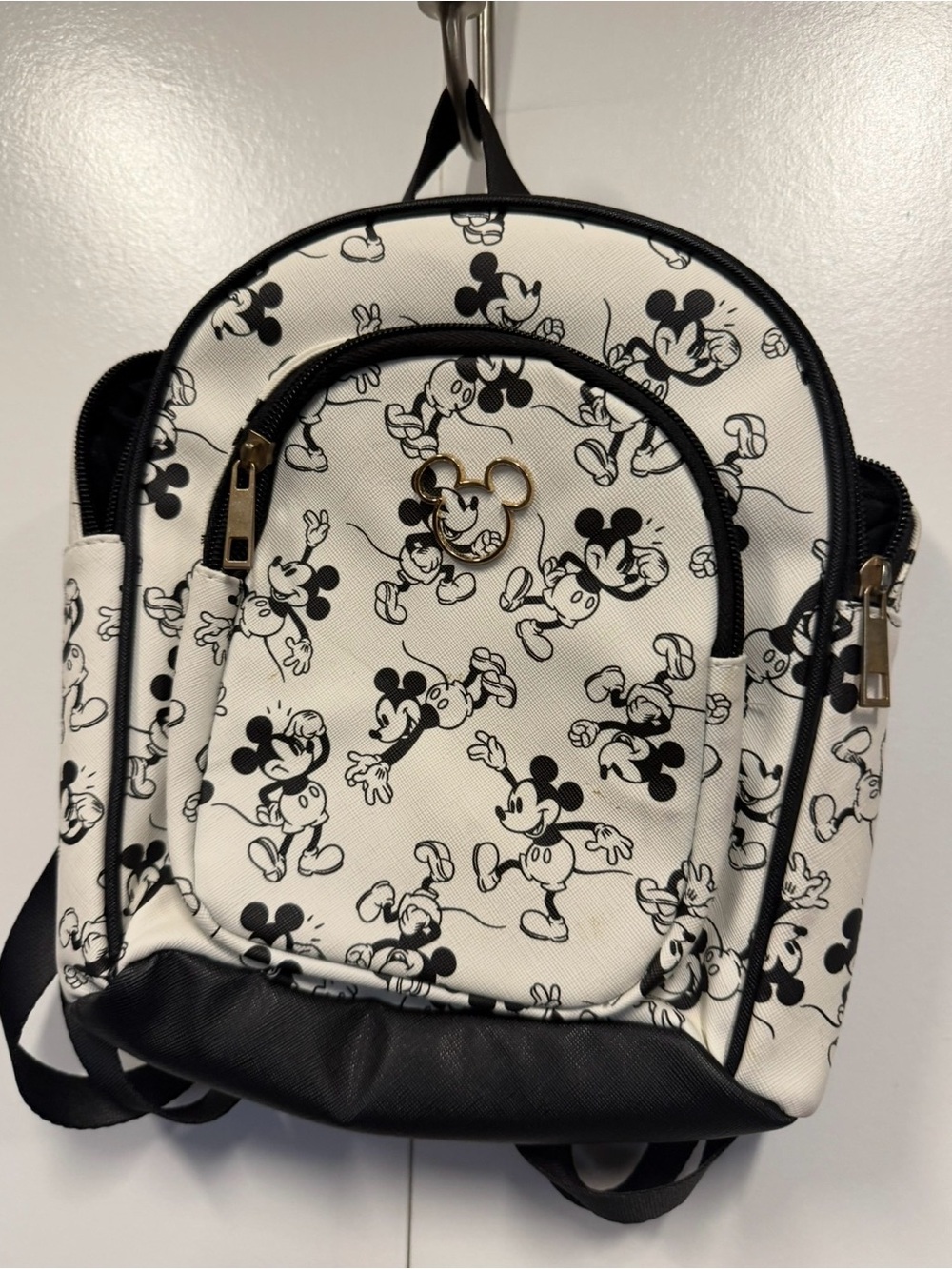 NWT Disney White & Black Mickey Mouse Mini Backpack with Gold Emblem
